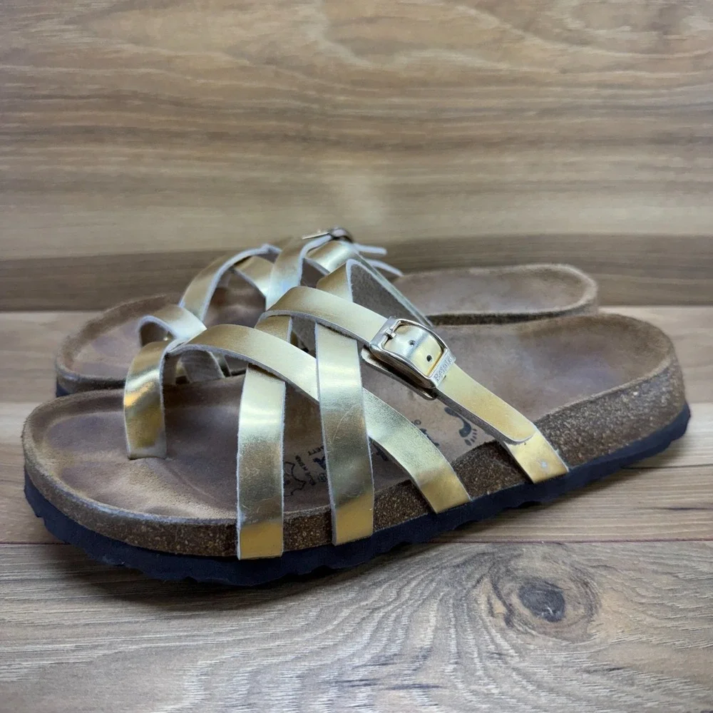 Birkenstock Betula Sandals Gold Strappy Slip On 7 N EU 38 Birko Travel Vacation